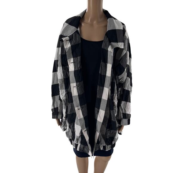 Alembika Black Checkered Gray Button Up Crinkle White Lightweight Jacket - Picture 4 of 11